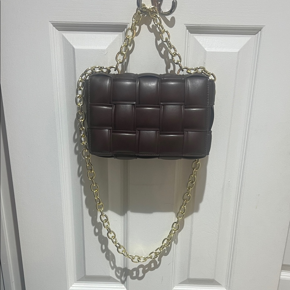 Dark Brown Quilted Bag with Gold Chain